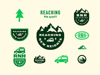 Reaching New Heights brand branding design illustration logo mountains travel typography van van life vector