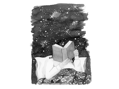 Head in a book drawing gouache illustration ink portrait space stars