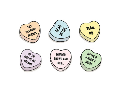 Rejected Candy Hearts beard candy hearts dead inside hearts humor illustration murder platonic friends valentines day vday