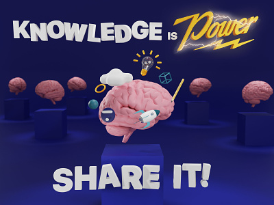 Thinkific. Knowledge is Power. Share it. 3d blender brain creativity design fun idea knowledge light bulb lightning power render rocket shapes share thinkific typography