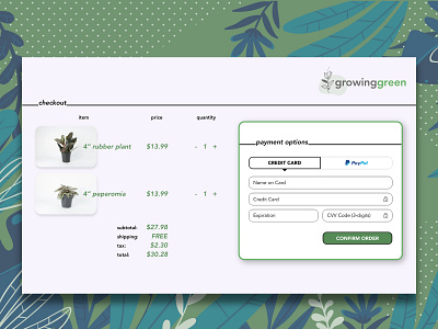 Daily UI #002 - Credit Card Checkout checkout checkout page credit card form credit card payment daily ui challenge dailyui desktop ecommerce green plants ui ui design uidesign user experience userinterface ux ux design uxdesign webdesign website