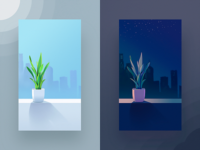 Potted plant building city day flower illustration light night plant potted sky star sun