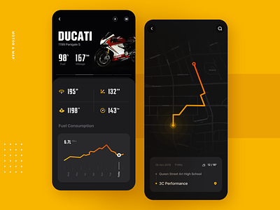 Motorcycle & Map app black dark design figure icon map motorcycle orange practise traffic travel ui ux yellow
