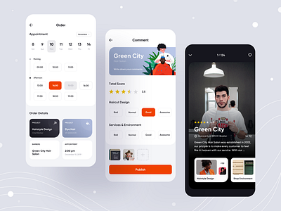 Hairstyle App app appointment barber card comment design hair icon illustration orange salon ui white