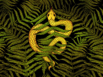 Golden snake in fern leaves