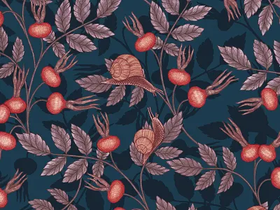 Rose hips and snails in the autumn garden autumnpattern creativemarket fabricdesign fashionprint floralpattern flowerpattern graphicdesign illustration luxurypattern naturepattern paintedpattern patterndesign patternmaking patterns printandpattern seamlesspattern surfacepatterndesign textiledesign vintagepattern wallpaperdesign