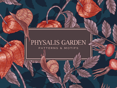 PHYSALIS GARDEN - patterns & motifs animals autumn design drawing elegant fabric design graphic design hand drawn illustration luxury pattern pattern design physalis retro seamless pattern snail textile design vintage wallpaper wrapping