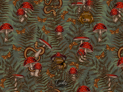 MIRACLE FOREST - patterns & motifs botanical design drawing fabric design fashion fern frog graphic design hand drawn illustration mushroom pattern pattern design plants seamless pattern snake textile design toad vintage wallpaper