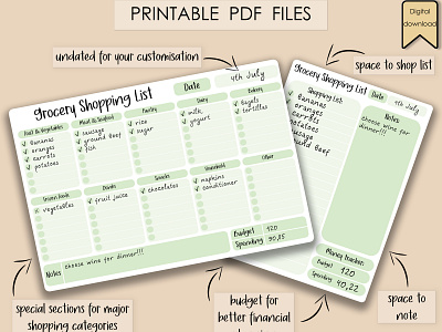 Grocery Shopping List digital planner fitness planner pdf digital planner printable planner weekly planner