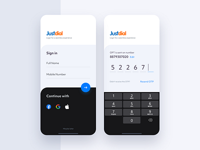 Login Concept - Justdial app design jd justdial login login page login page design mobile app mobile app design modern design otp ui ui ux ui design user experience user interaction user interface ux