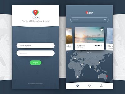 Loca App android app app design branding and identity clean dark ui design ios login login page map modern rating search sketch sketchapp travel app ui web design webdesign