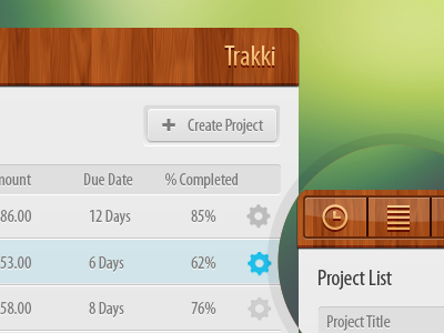 Trakki User Interface button gloss pokki project list ui user interface ux wood texture