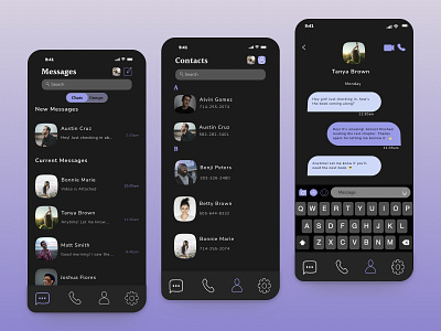 Messenger App Screens app branding clean design color scheme dark mode design earth tones figma graphic design icon illustration lavender logo messenger app messenger screens mobile design ui user experience ux vector