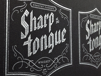 Dorothy Parker's Sharp Tongue label liquor packaging screenprint silver whiskey