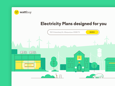 Wattbuy - website rebranding eletricity gogoapps houses illustration one floor houses solar panel ui windmills