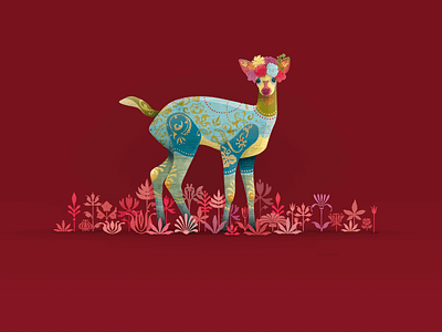Dia de los muertos colorful deer flowers illustration ornaments red vector
