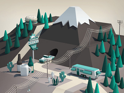 Southwest 3d burger camper car cgi icon illustration landscape mountain southwest travel