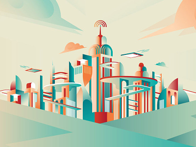 Future Cities art deco city esher future illustrator ipad skyline
