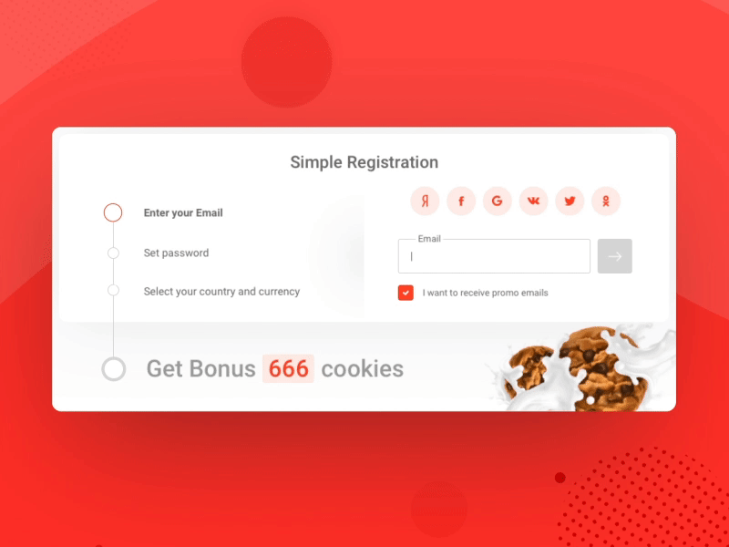 Multi-step registration form animation bonus country currency email field form input mobile password progress prototype selection sign up signup social media step by step successful validation wizard
