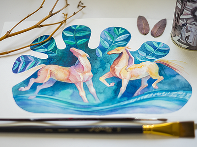 Watercolor Horses blue gold horse illustration painting paper watercolor