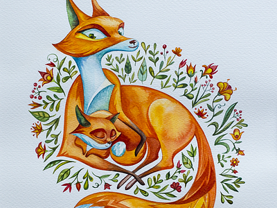 Fox mom baby children flower fox illustration mom mother orange watercolor