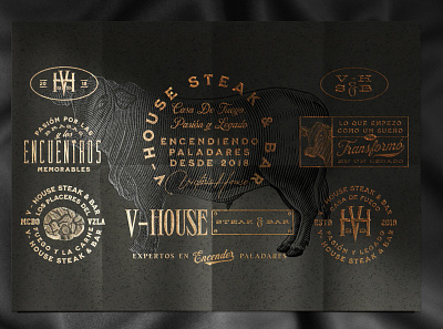 V-House Brand Identity Design badges bar branding design monogram steak vintage