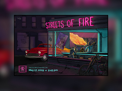 Streets of Fire car film fire freelance marketing motorcycle movie movie poster neon print procreate streets