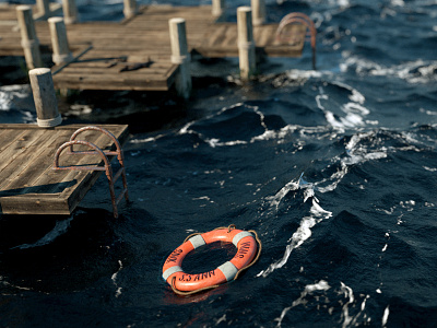 Wooden dock 3d c4d cgi cinema 4d design dock life buoy ocean water wood