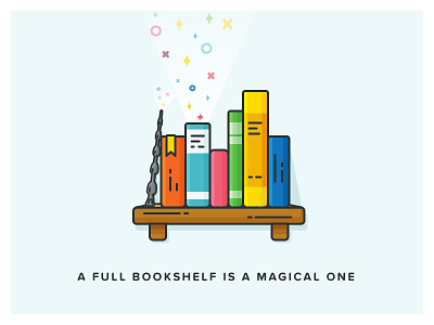 Full Bookshelf Shot book bookshelf flat harry potter illustration line art magic quote stars tutorial wand