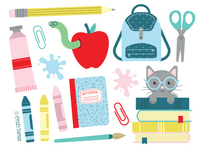 Back to School apple art supplies back to school books cat crayons illustration illustrator paint pencil school vector