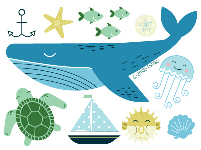 Ocean Friends anchor beach illustration illustrator jellyfish nautical ocean sailboat shell turtle vector whale