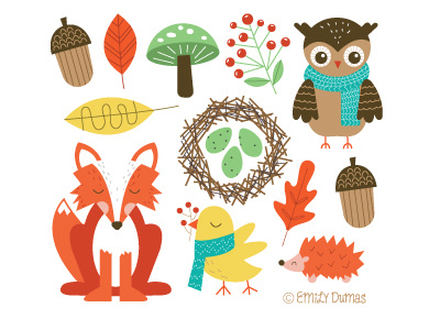 Fall Theme acorn autumn bird fall flat design forrest fox hedgehog illustration illustrator owl vector