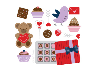 Valentine's illustrations bird chocolate hearts love bird strawberry valentines