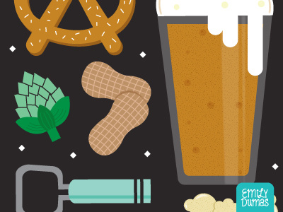 Beer & Snacks beer emily dumas hops illustration peanuts popcorn pretzel vector