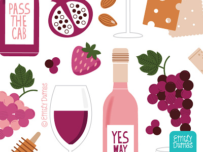 "Wine Tasting" (detail) cabernet emily dumas illustrator pink rose strawbery vector wine wine bottle