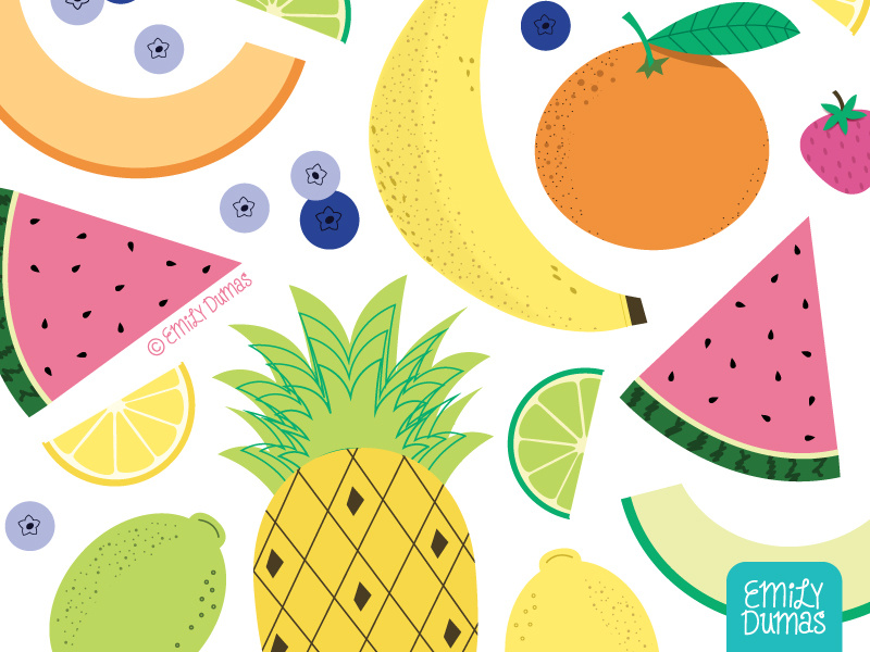 Fruits orange lime banana watermelon pineapple fruit food illustration emily dumas vector illustrator