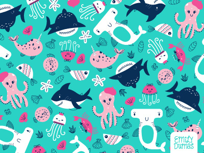 Sea Pattern jellyfish shark under the sea nautical repeat pattern surface design pattern illustrator emily dumas illustration vector