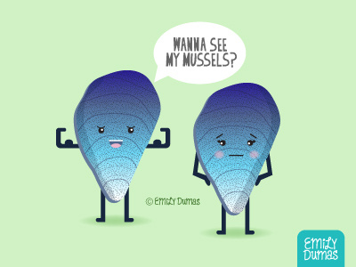 Wanna See My Mussels? | ©Emily Dumas emily dumas food illustration funny humor illustration illustrator mussels pun shellfish vector