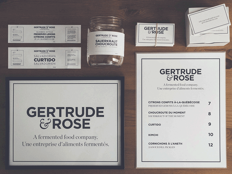 Gertrude & Rose: Brand Collateral artisanal curtido fermented food kimchi labels montreal packaging pickles preserved lemons sauerkraut