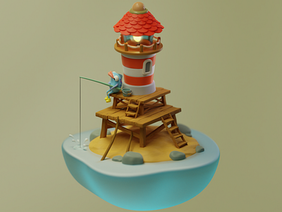 Fishy is the keeper of the lighthouse. 3d 3d art 3dart 3dprops blender3d casualgame cute design gameprops graphic design illustration
