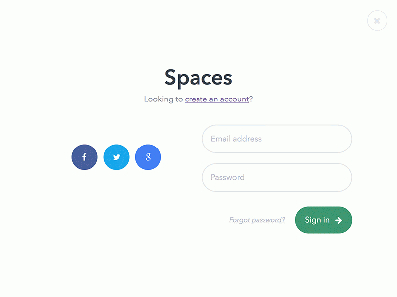 Spaces - Login Refresh account button form login overlay social spaces