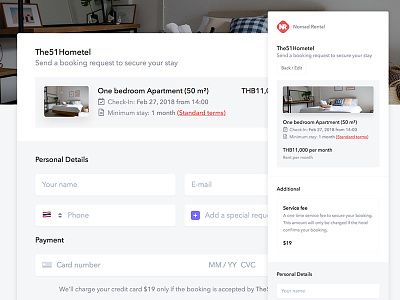 Booking Request Redesign - Nomad Rental booking checkout form hotel listing mobile responsive
