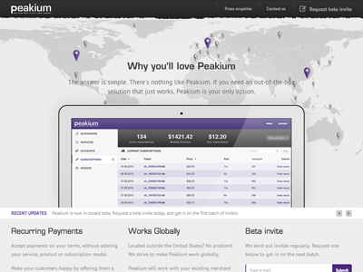 Peakium - Recurring Payments frontpage gradient grey homepage landing page mac map overlay payment peakium purple