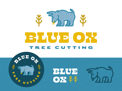 Blue Ox Tree Cutting blue ox branding bull clean cutting flat design forest line art logo concept logo design lumber lumberjack minimal outdoor ox tree trimming wander western woods