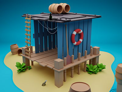 The fishing shack 🎣🏚️ 3d 3d art 3dmodelling blender blender3d design diorama illustration low poly 3d lowpoly lowpoly 3d