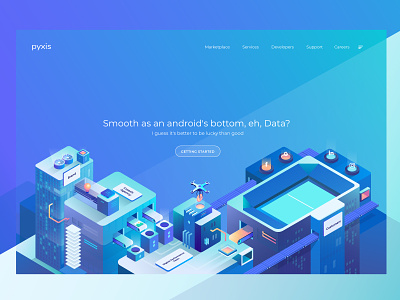 Pyxis Isometric Hero building clean data center drone hero illustration illustration isometric landing page turquoise vector website