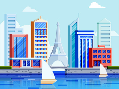 city build city，sailboat，river illustration