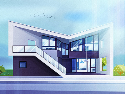 NO16-Futuristic family house architecture blue build glass house illustration light plant sky