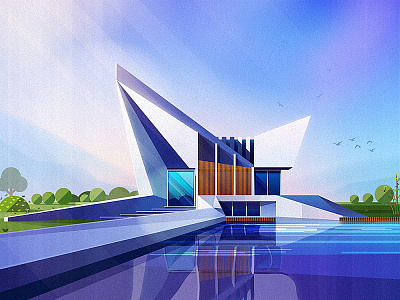 NO.18- Sunrise Light Test Modern Villa architecture build glass house illustration light plant sky water