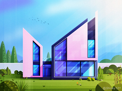 NO.21-Modern villa architecture bird build glass house illustration light plant sky